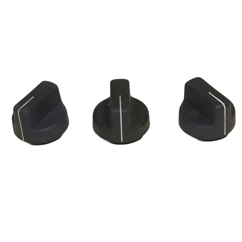 Three black knobs with white accents on a white background