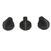 Three black knobs with white accents on a white background