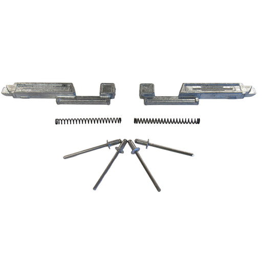 Set of metal screen door slider panel cams including springs and rivets on a white background