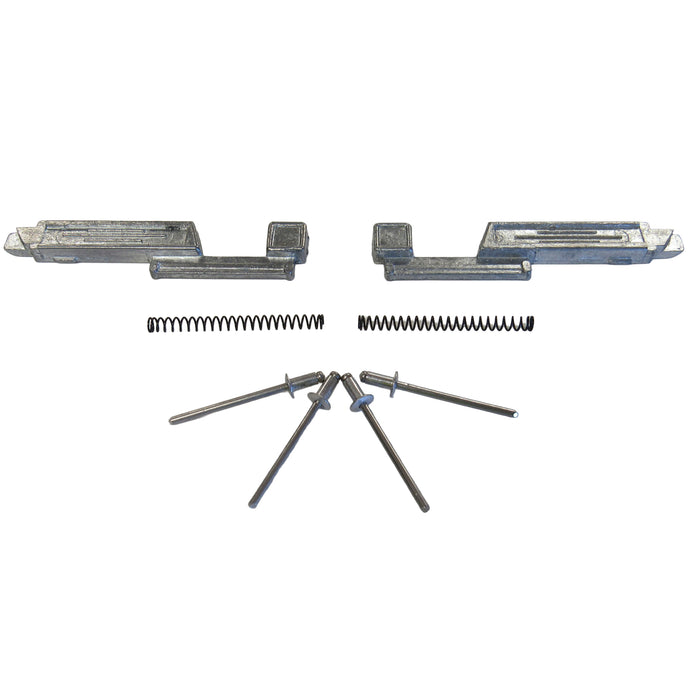Set of metal screen door slider panel cams including springs and rivets on a white background