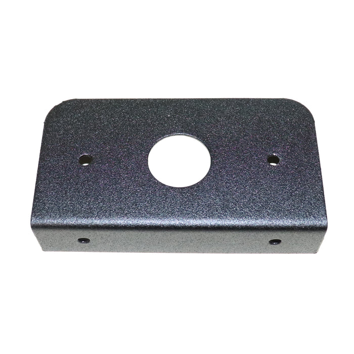Metal mounting bracket with a central hole on a white background