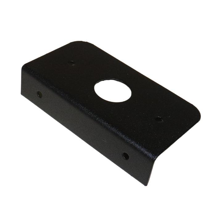 Black metal bracket with a central hole on a white background