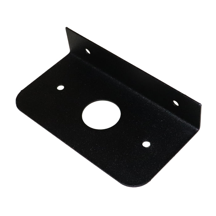 Black metal bracket with a central hole on a white background