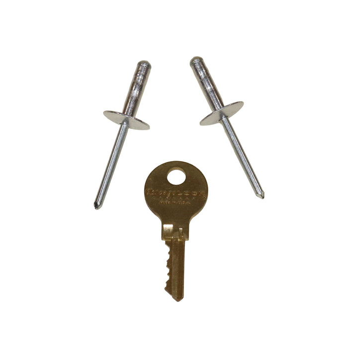 Two metal rivets and a 1101x key on a white background