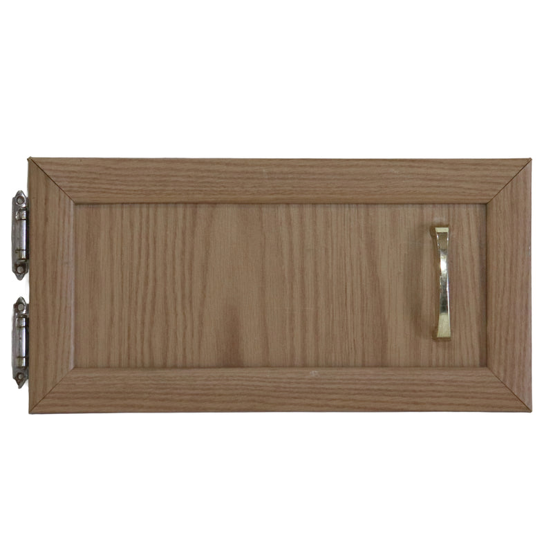Wooden cabinet door with a handle on a white background