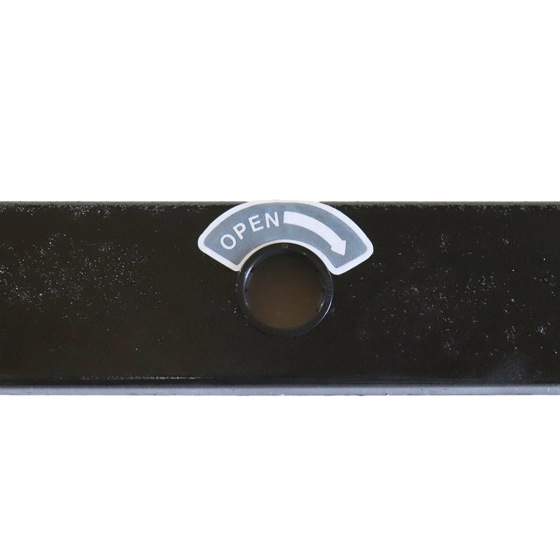 Black metal bumper with 'OPEN' label on a white background