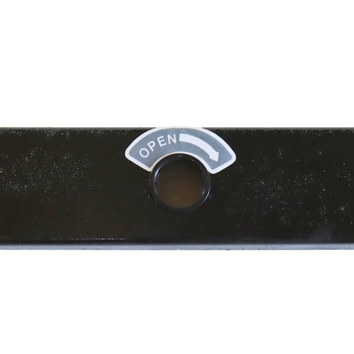 Black metal bumper with 'OPEN' label on a white background