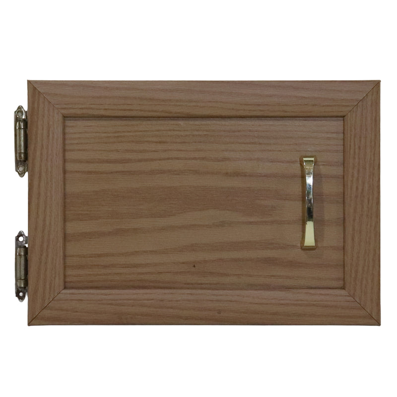 Wooden cabinet door with a handle on a white background