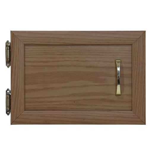 Wooden cabinet door with a handle on a white background