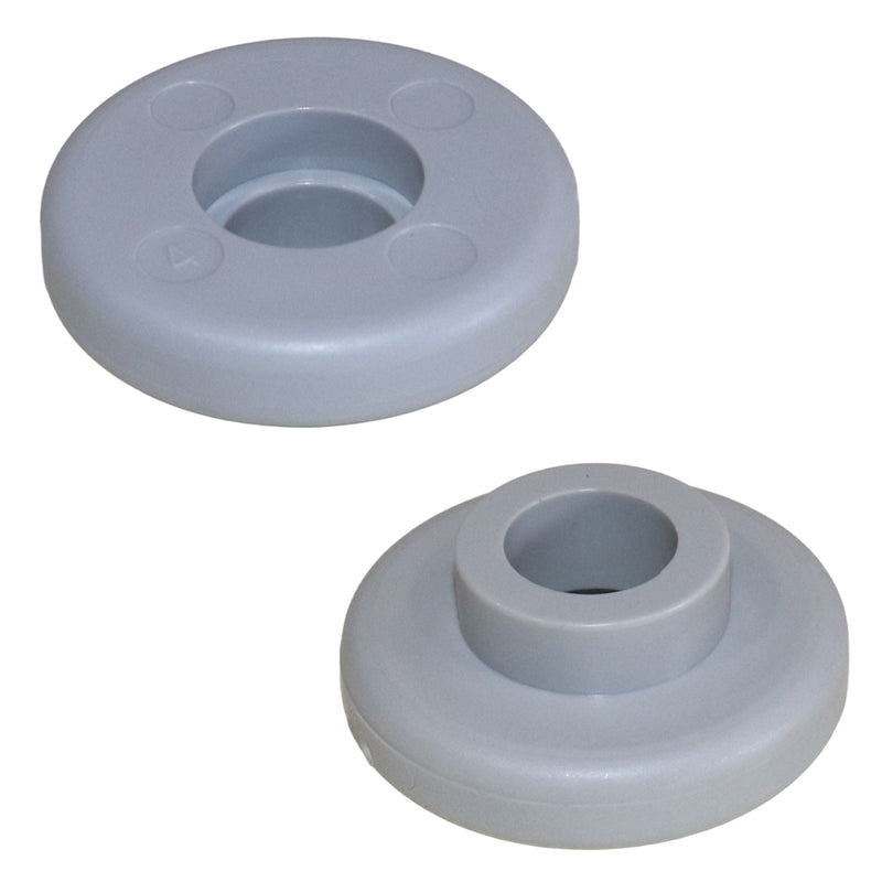 Two gray rubber bed wheels on a white background