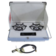 A portable two-burner gas stove with an open white canopy, black metal burner grates, and a separate black gas hose shown below on a white background.