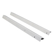 Two long white metal mounting rails with pre-drilled screw holes, shown on a plain white background.