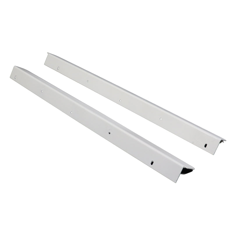 Two long white metal mounting rails with pre-drilled screw holes, shown on a plain white background.