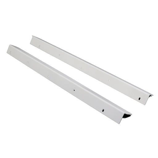 Two long white metal mounting rails with pre-drilled screw holes, shown on a plain white background.