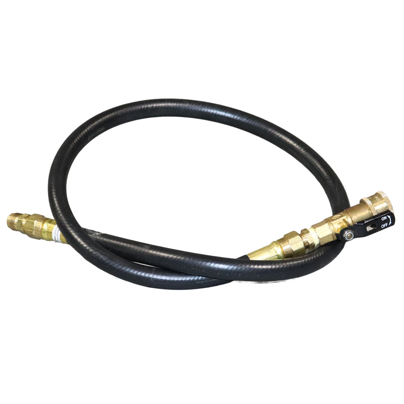 A black lp hose with brass quick-connect fittings and 3/8" male flare fitting on a plain white background.