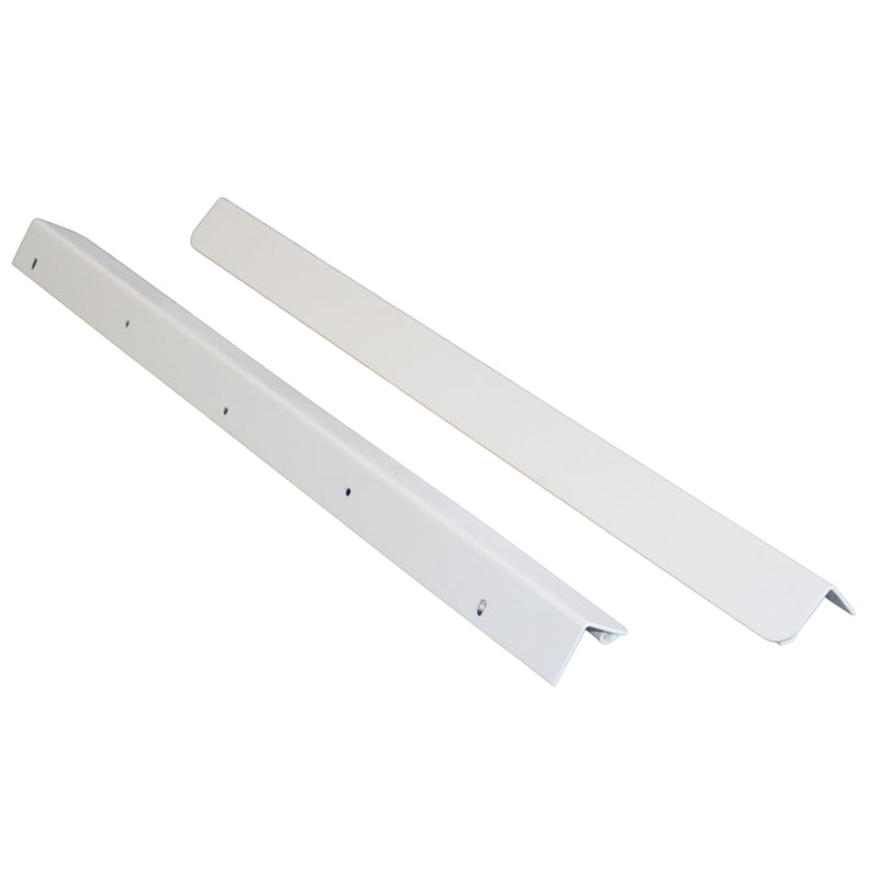 Two long white metal mounting rails with pre-drilled screw holes, shown on a plain white background.