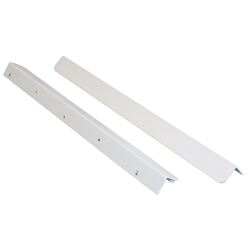 Two long white metal mounting rails with pre-drilled screw holes, shown on a plain white background.