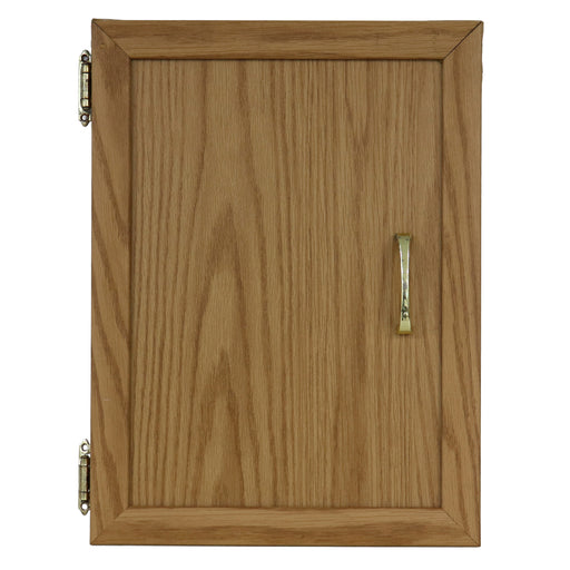 A single wooden cabinet door with a light oak wood grain finish, featuring a vertical brass pull handle and two brass hinges on the left side, shown against a plain white background.
