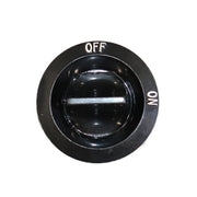 A black plastic stove  knob with white printed text indicating 'OFF' on one side and 'ON' on the other, shown against a plain white background.