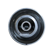 the bottom of a black plastic stove  knob shown against a plain white background.