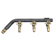 A black metal fuel line with three brass fuel shut-off valves, isolated on a white background.