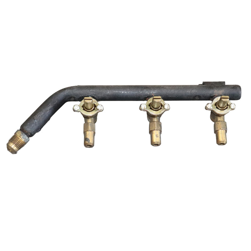 A black metal fuel line with three brass fuel shut-off valves, isolated on a white background.