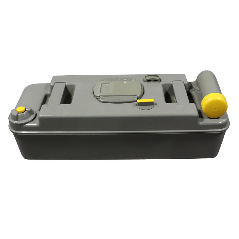 A gray plastic cassette tank with yellow accents, including a round cap on the right side and a small button on the left, shown on a plain white background.