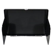 A black metal screen panel with a hinged back and side flanges, shown open against a plain white background.