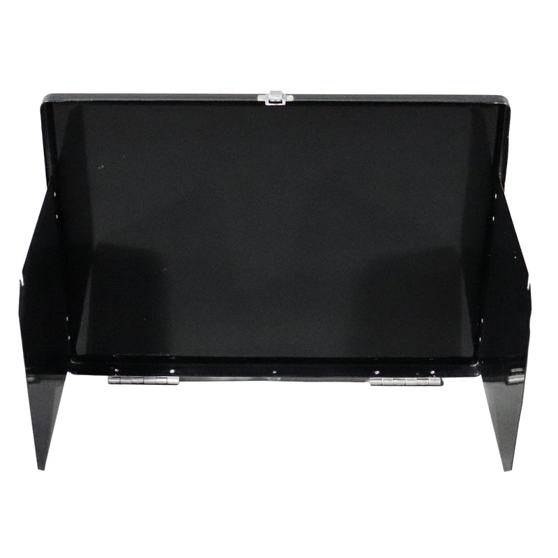 A black metal screen panel with a hinged back and side flanges, shown open against a plain white background.