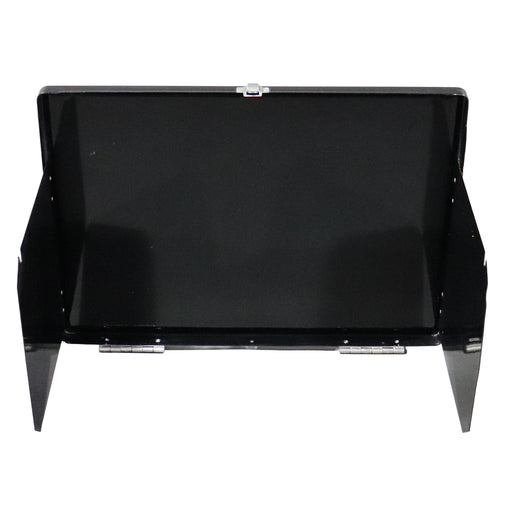 A black metal screen panel with a hinged back and side flanges, shown open against a plain white background.