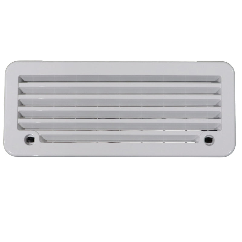 A white rectangular vent cover with horizontal slats and two screw holes, shown against a plain white background.