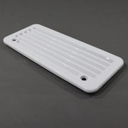 A white rectangular plastic vent cover with horizontal slats and two mounting holes, shown on a dark gray background.