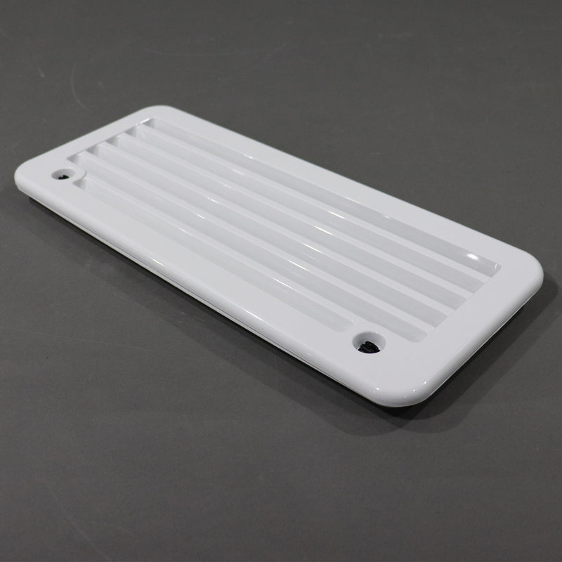 A white rectangular plastic vent cover with horizontal slats and two mounting holes, shown on a dark gray background.