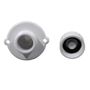A white plastic plumbing fitting shown from two angles: a top-down view on the left with two side tabs and a threaded opening, and a side view on the right showing the threaded cap with a black rubber gasket.