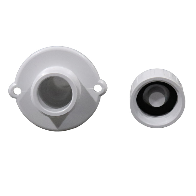 A white plastic plumbing fitting shown from two angles: a top-down view on the left with two side tabs and a threaded opening, and a side view on the right showing the threaded cap with a black rubber gasket.