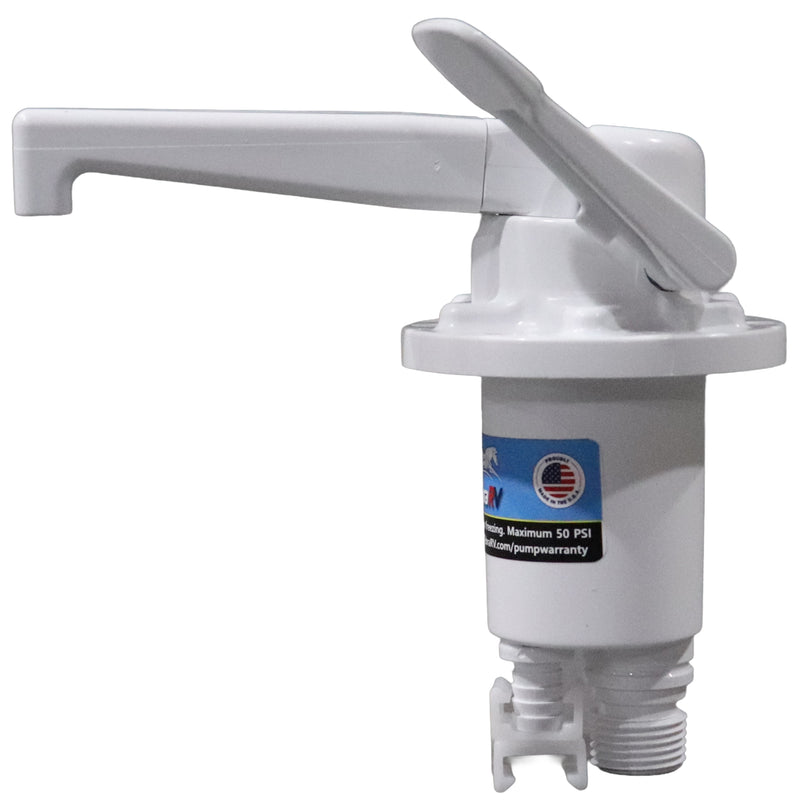 A white plastic manual water pump or pressure washer pump with a lever handle, shown against a plain white background.