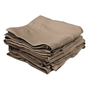 A stack of neatly folded taupe-colored curtains on a solid white background.