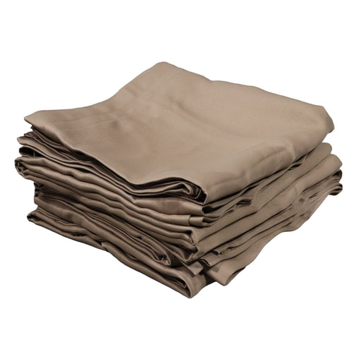 A stack of neatly folded taupe-colored curtains on a solid white background.