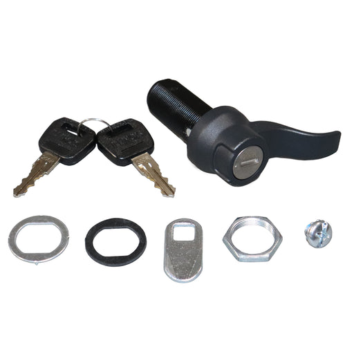 A black plastic and metal lock cylinder with a black lever handle, shown with two keys and several mounting hardware pieces on a plain white background.