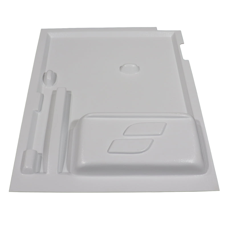 White molded plastic replacement panel or cover with recessed compartments and cutouts, shown on a plain white background.