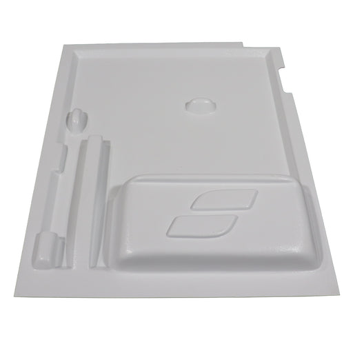 White molded plastic replacement panel or cover with recessed compartments and cutouts, shown on a plain white background.