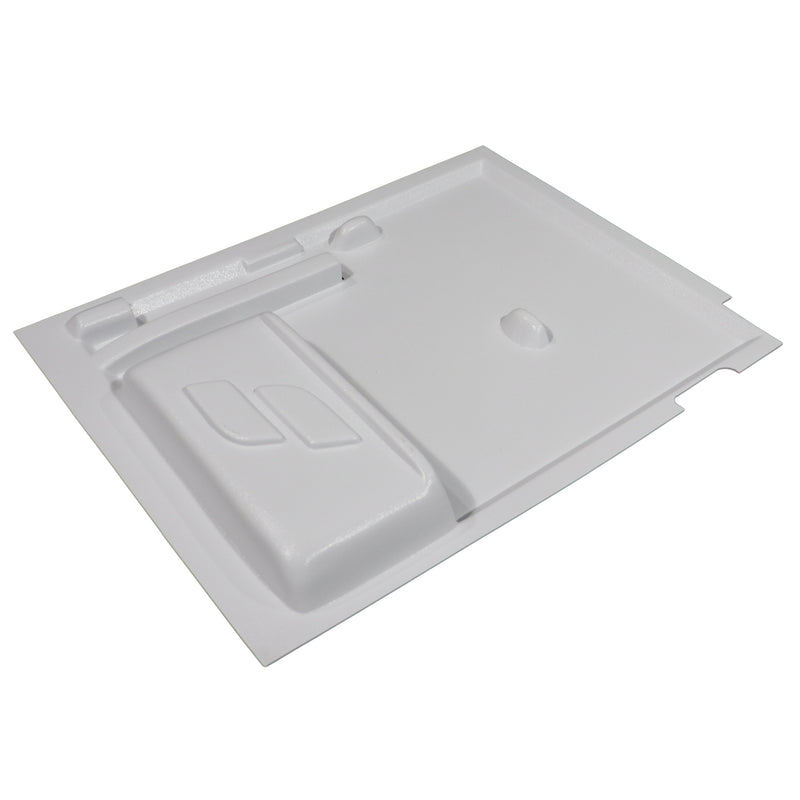 A white molded plastic replacement part with integrated compartments and a small circular hole, shown on a plain white background.
