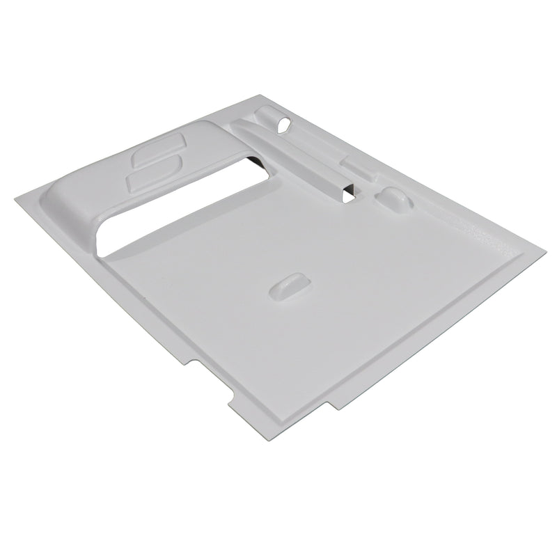 A white molded plastic replacement part with various cutouts and recessed details, shown on a plain white background.