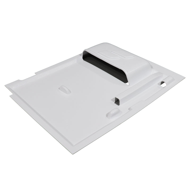 A white plastic replacement  door panel for starcraft campers, shown from an elevated perspective on a solid white background.