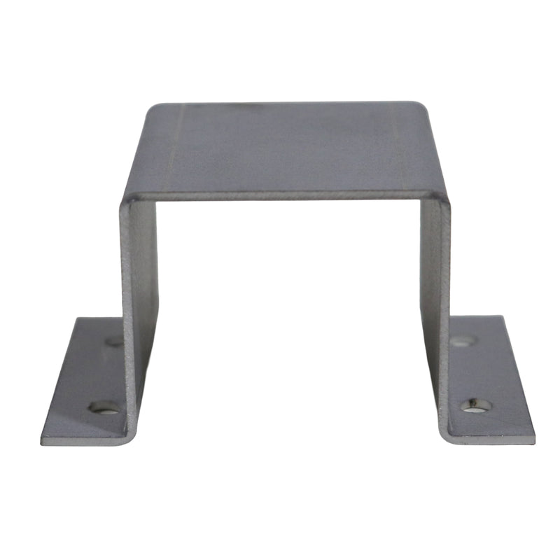 A gray metal U-channel bracket with flat mounting plates on both ends, shown against a plain white background.