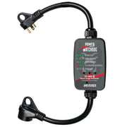 Power surge protector with black cord on a white background