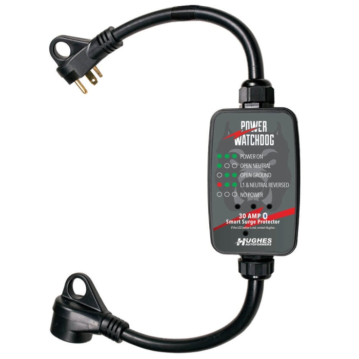 Power surge protector with black cord on a white background