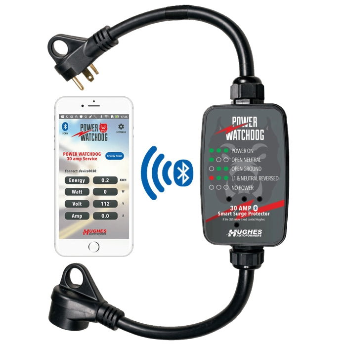 Power surge protector with smartphone app interface on a white background