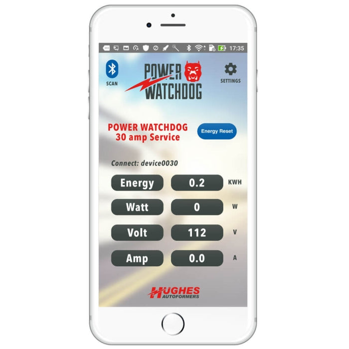 Phone screen displaying Power Watchdog app with energy, watt, volt, and amp readings.