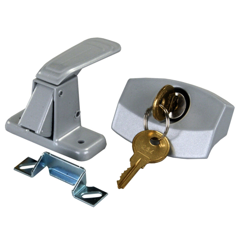 A silver screen door latch system, including the latch, lock, and a key, along with a metal mounting plate.